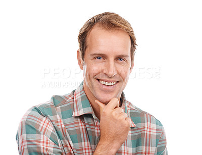 Buy stock photo Thinking, ideas and portrait of creative man with strategy for future goals in business on mockup space. Happy, planning and brainstorming a solution for development of project in studio background