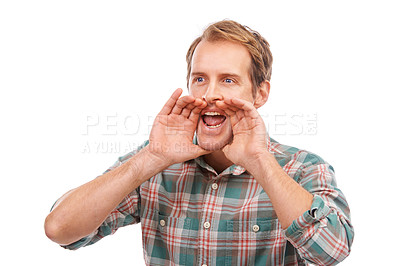 Buy stock photo Advertise, man and yell excited with hands in studio, happy male person scream for sales and discount. Announcement, promotion information or give away, loud and voice with news on white background