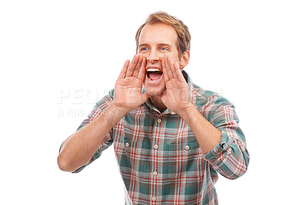 Buy stock photo Advertise, man and shout excited with hands in studio, happy male person scream for sales and discount. Announcement, promotion information or give away, loud and voice with news on white background