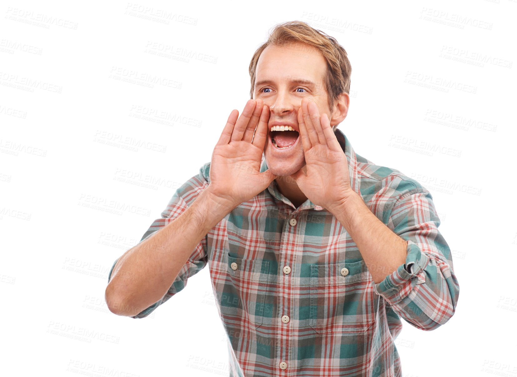 Buy stock photo Advertise, man and shout excited with hands in studio, happy male person scream for sales and discount. Announcement, promotion information or give away, loud and voice with news on white background