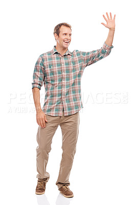 Buy stock photo Welcome, wave and man greeting in studio, white background or mockup space with happiness. Hand, gesture and friendly person with social communication and networking in business with hello or goodbye
