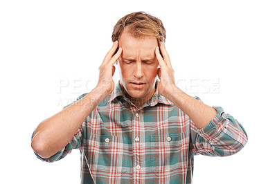 Buy stock photo Man, headache and pain with stress or burnout in studio, health emergency and brain fog on white background. Massage temple, injury or migraine with hurt, challenge or fail with fatigue or dizzy