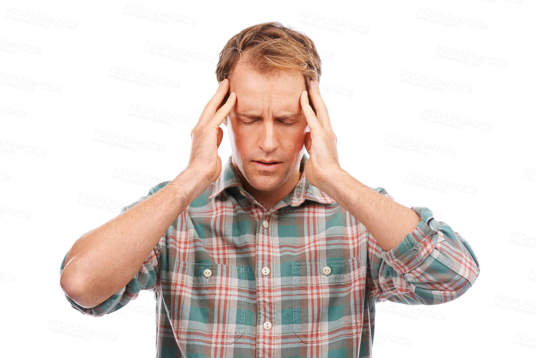 Buy stock photo Man, headache and pain with stress or burnout in studio, health emergency and brain fog on white background. Massage temple, injury or migraine with hurt, challenge or fail with fatigue or dizzy