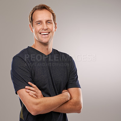 Buy stock photo Studio, portrait or athlete with arms crossed, smile or fitness for running workout, exercise or wellness mockup. Grey background, sports man or happy runner ready to start training with confidence