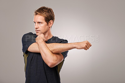 Buy stock photo Man, stretching or vision of fitness, workout or exercise as planning, health or wellness in studio. Strong, male person or thinking of training, flexibility or idea to imagine, performance or muscle