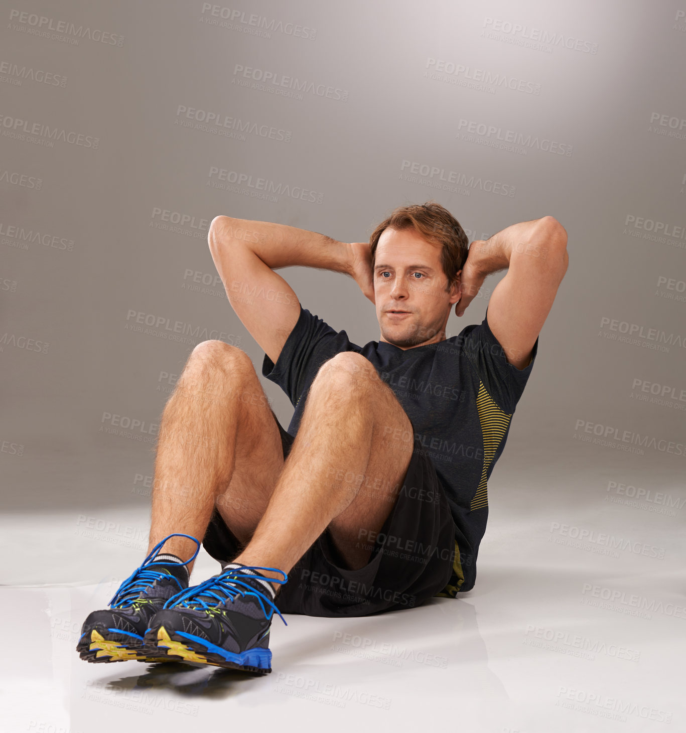 Buy stock photo Man, sit up and exercise workout in studio for healthy performance with training, challenge or grey background. Male person, gym and athlete strength for abs routine or fitness, wellness or mockup