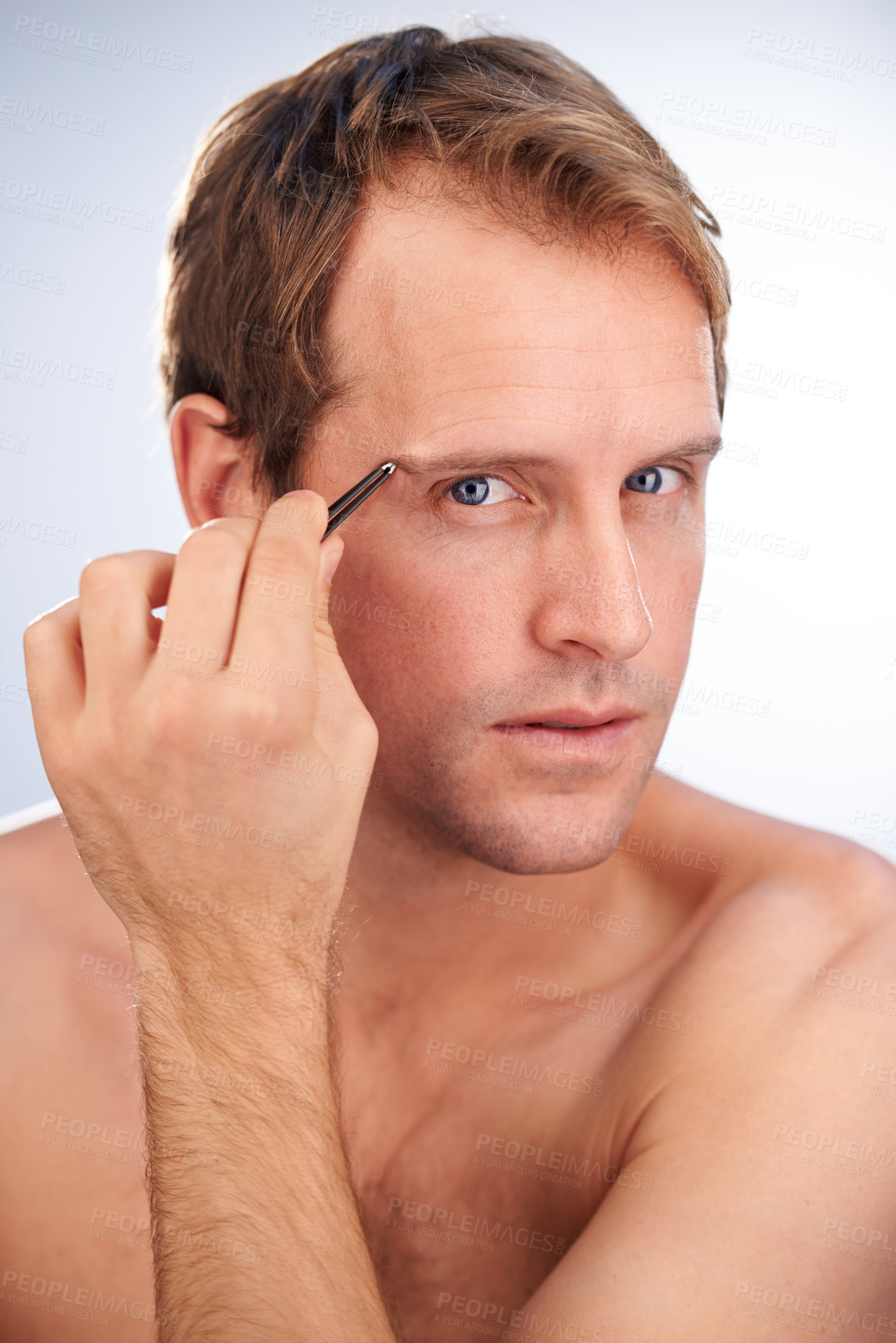 Buy stock photo Man, portrait and tweezers for eyebrow in studio or hair removal cleaning for grooming, skincare or mockup space. Male person, face and tool for wellness or plucking, dermatology on white background