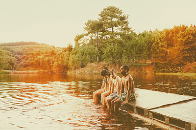 Buy stock photo Teenager, friends and lake pier as summer holiday or swimming vacation for connection, bonding or adventure. People, forest and river camping or weekend exploring or trip together, outdoor or journey