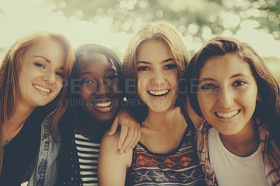 Buy stock photo Face, friends and girl with smile in outdoor for hobby, fun and bonding for summer vacation in California. Closeup, diverse group and teenager for break on school holiday, happiness and together

