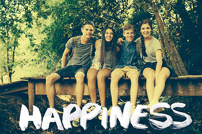 Buy stock photo Friends, teen and happy in forest on wooden bridge for camping, break and relax in summer holiday. Text, woods and people together with adventure for bonding, hug and hike on vacation in California