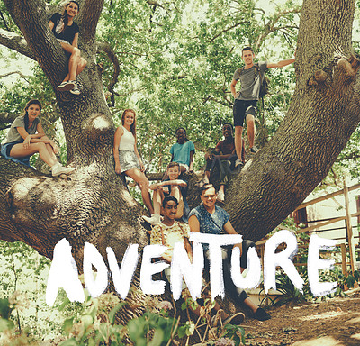 Buy stock photo Friends, teen and forest in tree with smile in adventure for fun, hike bonding on  summer holiday in California. Text, diverse group and happy in woods for bonding, enjoy and relax on vacation