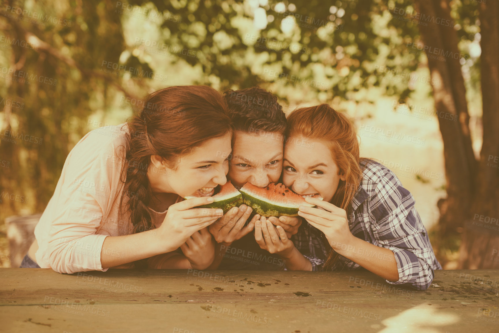 Buy stock photo Summer, friends and share watermelon for eating in park, crazy and group together for fun picnic. Gen z, people and bite fruit for hunger or nutrition, health and outdoor for bonding in sunshine