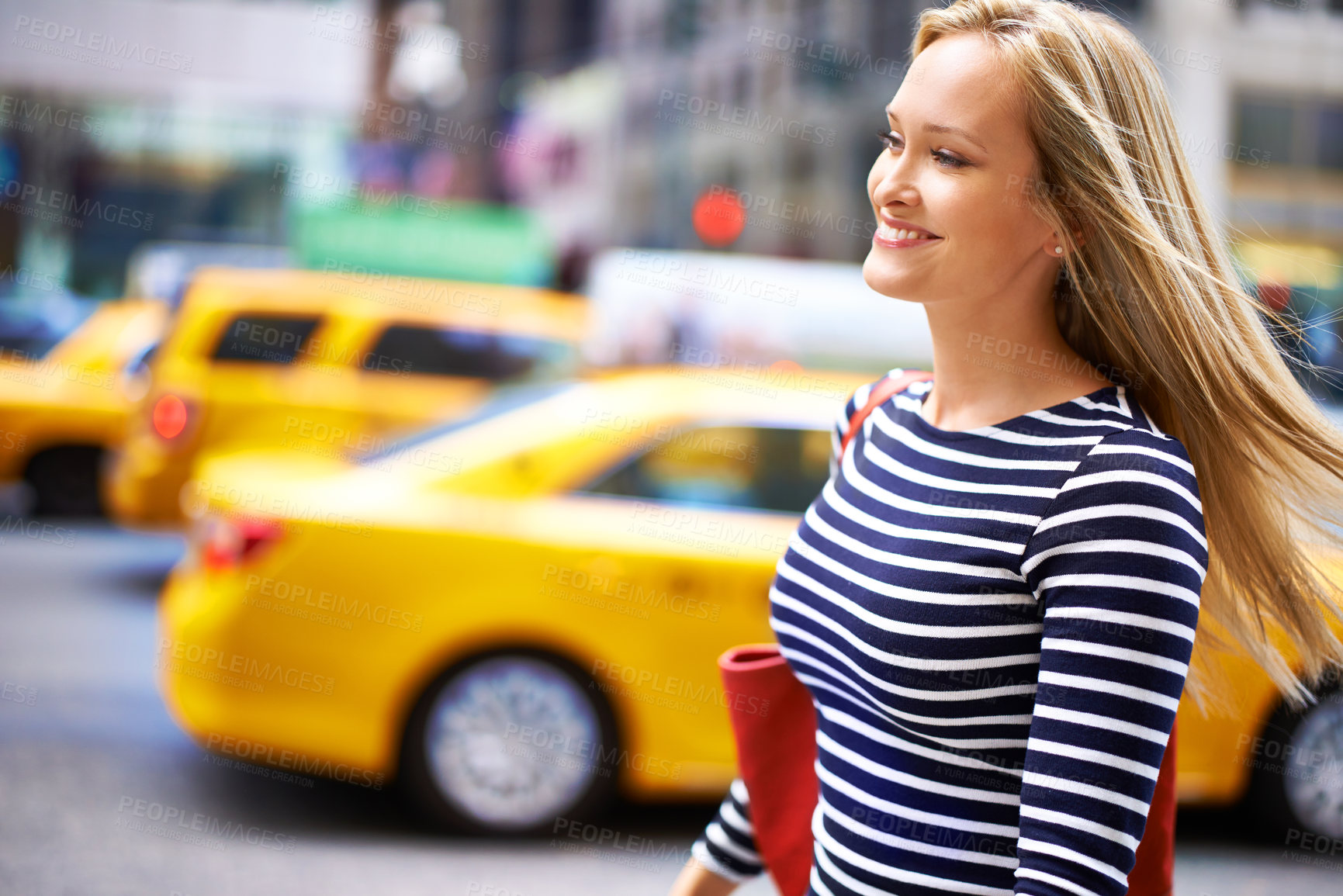 Buy stock photo Shot of a gorgeous woman walking in the city