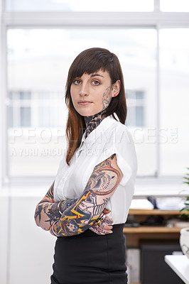Buy stock photo Tattoos, crossed arms and business woman in office with serious, pride and confident attitude. Grunge, professional and portrait of edgy creative designer with ink skin standing in modern workplace.