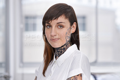 Buy stock photo Business, woman and tattoo with portrait in office with confident attitude, serious and pride with mockup space. Entrepreneur, face of artist and designer with ink skin, body art and grunge aesthetic