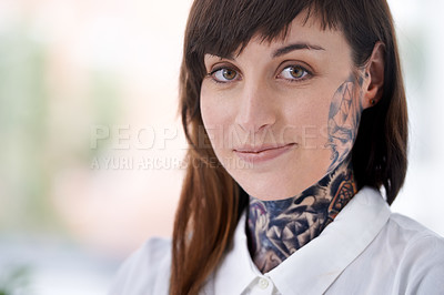 Buy stock photo Business, woman and tattoo with portrait in office with confident attitude, happiness or pride with mockup space. Entrepreneur, face of artist and designer with ink skin, body art or grunge aesthetic
