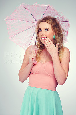 Buy stock photo Thinking, fashion and wow with woman in vintage aesthetic in studio background with surprise. Creative, style and girl with ideas for clothes in mockup space with retro makeup for unique character
