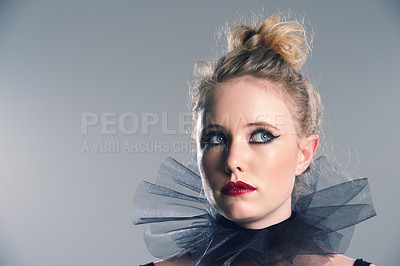 Buy stock photo Thinking, fashion and makeup with woman in vintage aesthetic for ballet in studio background. Drama, style and girl with ideas for clothes in mockup space with retro beauty or unique character