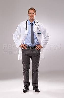 Buy stock photo Man, doctor and confident in studio, portrait and medical professional on gray background. Male person, healthcare and pride for cardiologist career, physician and trustworthy specialist for medicare
