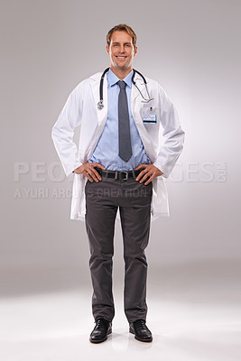 Buy stock photo Healthcare, doctor and portrait of man on a white background for medical service, consulting and wellness. Hospital, clinic and isolated health worker with confidence, pride and stethoscope in studio