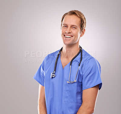 Buy stock photo Man, nurse and portrait in studio, healthcare expert and specialist on gray background. Happy male person, cardiologist and proud of career on mockup space, trustworthy physician and medicare health