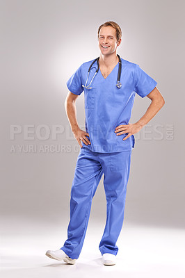 Buy stock photo Hospital, doctor and portrait of man on a white background for medical service, consulting and wellness. Healthcare, clinic and isolated health worker with confidence, pride and stethoscope in studio