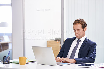Buy stock photo Reading, typing and man in office with laptop, sales report or email at online consulting agency. Internet, business growth or development for businessman on website for budget, planning and research