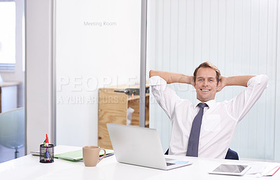 Buy stock photo Relax, portrait and man in office with laptop, smile and career in online sales at consulting agency. Internet, business growth or development for happy businessman with computer for profit increase