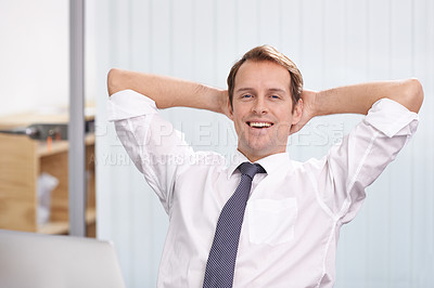 Buy stock photo Portrait, confident or businessman to relax at work as ready for rest and recreation at weekend. Happy, man or corporate worker as proud, successful or cheerful of job well done in office in Sydney