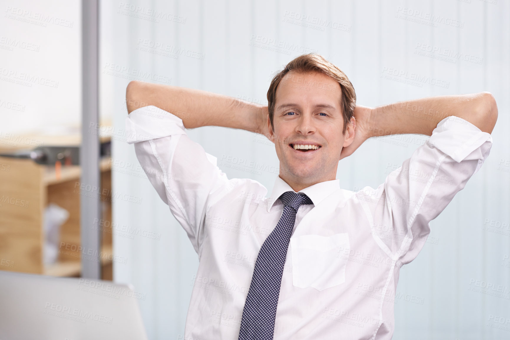 Buy stock photo Portrait, confident or businessman to relax at work as ready for rest and recreation at weekend. Happy, man or corporate worker as proud, successful or cheerful of job well done in office in Sydney