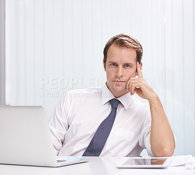 Buy stock photo Serious, portrait and man in office with laptop, tablet and career in online sales at consulting agency. Internet, business growth or development for businessman with computer, tech and confidence