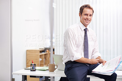 Buy stock photo Paperwork, report and portrait of man in office with smile, sales review or profit stats at accounting agency. Documents, business growth and development with financial advisor at desk at startup