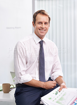 Buy stock photo Paperwork, statistics and portrait of man in office with smile, sales review or profit report at accounting agency. Documents, business growth or development with financial advisor at desk at startup