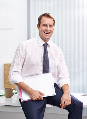 Buy stock photo Documents, folder and portrait of man in office with smile, sales review or profit report at accounting agency. Paperwork, business growth or development with financial advisor at desk with portfolio