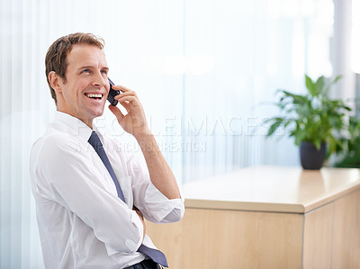 Buy stock photo Office, networking and happy man with phone call, negotiation for communication and planning deal. Discussion, consulting and businessman with smartphone, smile and connection with advisory service