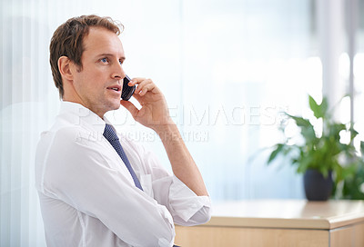 Buy stock photo Office, negotiation and business man with phone call, communication and planning startup deal. Discussion, consulting and businessman with smartphone, networking or connection with advisory service