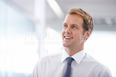 Buy stock photo Businessman, smile and thinking in the morning in office with corporate ideas, daydreaming and wondering. Entrepreneur, man and thoughtful at workplace with happiness, mockup space and confidence