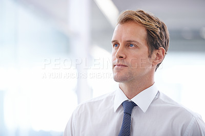 Buy stock photo Businessman, serious and thinking in the morning in office with corporate ideas, daydreaming and wondering. Entrepreneur, professional and thoughtful man at workplace with mockup space and confidence
