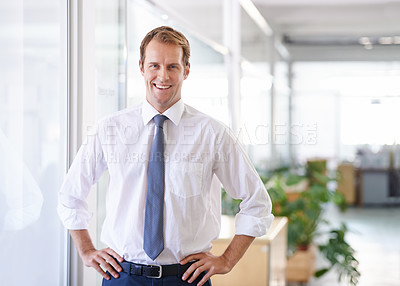 Buy stock photo Confident, man or smile as business, success or pride in corporate career at fashion magazine. Happy, businessman or hands on hips in professional, formal or clothing with accessories in office