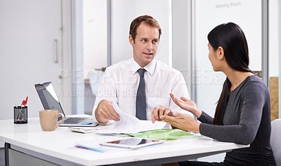 Buy stock photo Business people, teamwork and discussion with documents in office for financial feedback and corporate strategy. Man, woman and collaboration with communication, paperwork and planning in meeting