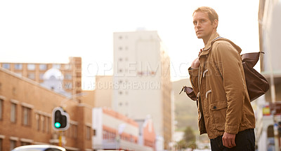 Buy stock photo Travel, city and man in street with bag for walking, commute and journey in urban town. Fashion, morning and person with trendy clothes, outfit and style for holiday, vacation and weekend outdoors
