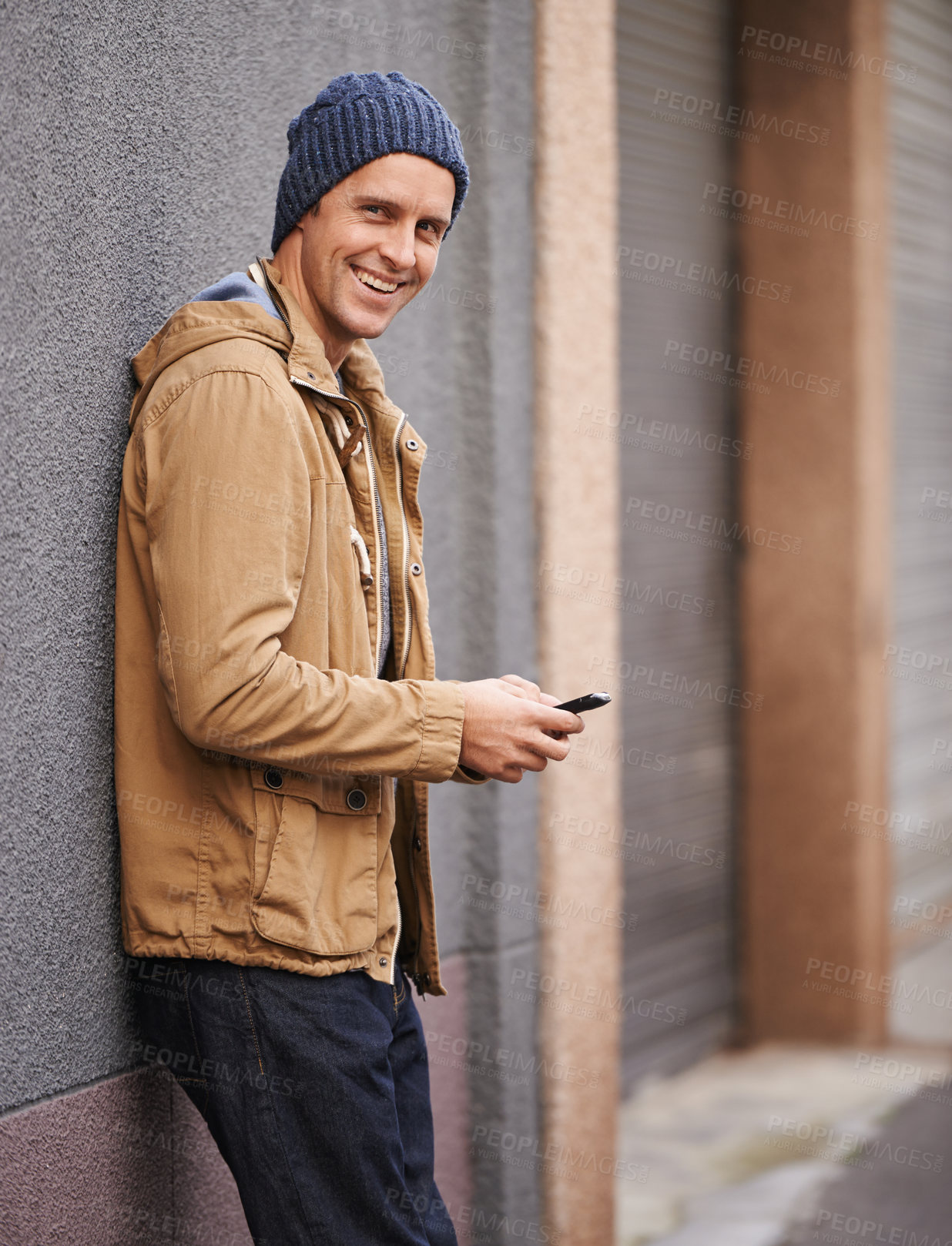 Buy stock photo City, typing and portrait of man with phone for social media, networking and online text message in street. Travel, happy and person on cellphone for website, internet search and chat in urban town