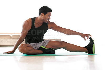 Buy stock photo Man, leg and stretching on yoga mat or exercise flexibility with stiff muscles for athlete training, mobility or workout. Male person, foot and healthy performance or fitness strength, warm up or gym