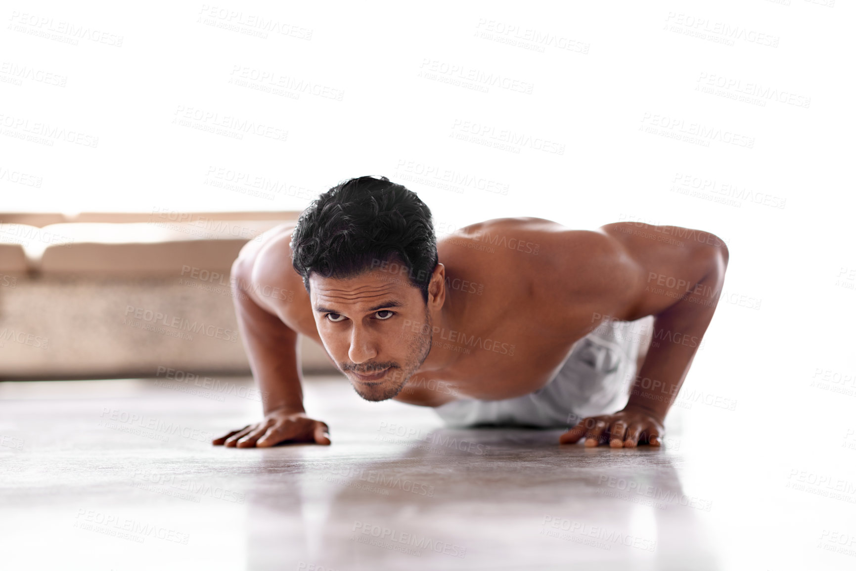 Buy stock photo Man, push up and exercise workout for gym challenge with healthy performance, wellness or muscle. Male person, arms and sports training for calisthenics routine or physical activity, chore or warm up