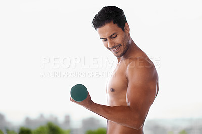 Buy stock photo Body, dumbbell and happy man outdoor for training, exercise and workout for power on mockup space. Muscle, strong and topless person weightlifting for fitness, health or wellness with abs in nature