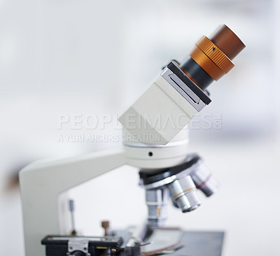 Buy stock photo Microscope, laboratory and equipment for microbiology, chemistry or research on biotechnology. Empty room or interior of medical or scientific tool for discovery, magnifying or microscopic organisms