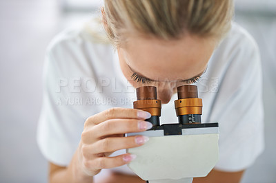 Buy stock photo Solution, microscope or woman scientist in laboratory for research, medical analysis or test experiment. Healthcare, investigation or science expert with technology for future development or results 