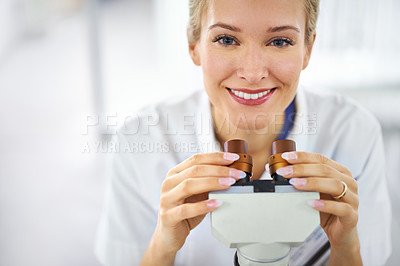 Buy stock photo Happy woman, portrait and microscope for forensic science, biology or chemistry at clinic lab. Face of female person or medical research expert with smile for healthcare exam or experiment laboratory