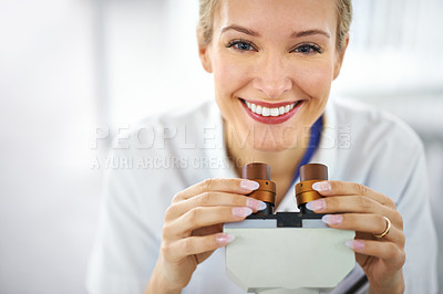 Buy stock photo Happy woman, portrait and scientist with forensic microscope for biology, science or chemistry at clinic. Face of female person or medical expert with smile for healthcare test, exam or experiment