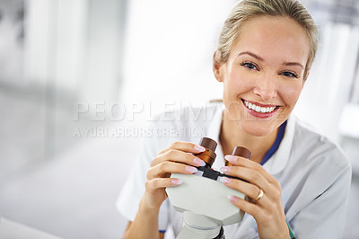 Buy stock photo Happy woman, portrait and scientist with microscope for research, biology or forensics at lab. Face of female person or medical expert with smile for test, exam or scientific discovery at laboratory
